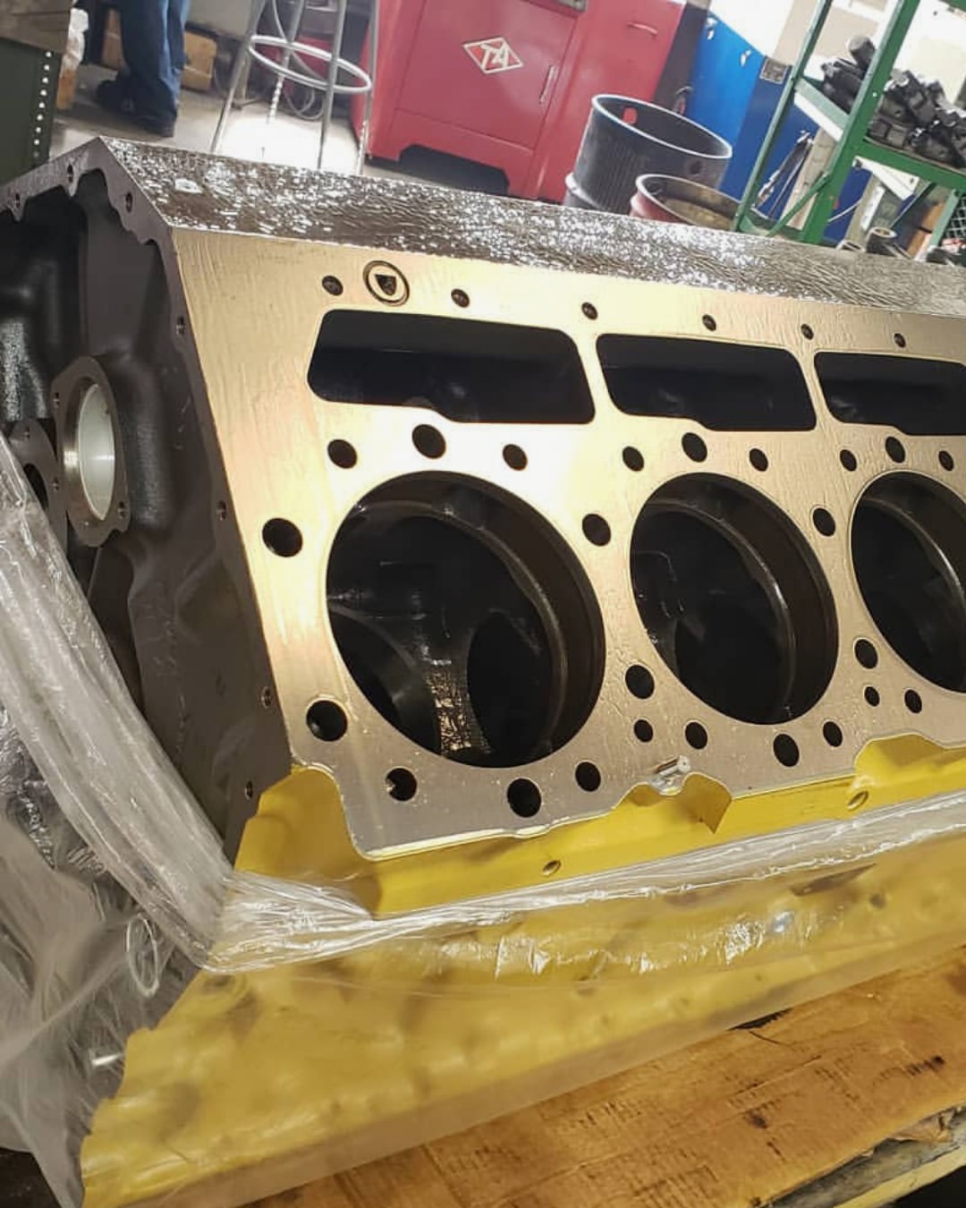 Precision align boring machine correcting engine block main bearing bores at Motor Service Group's Miami shop